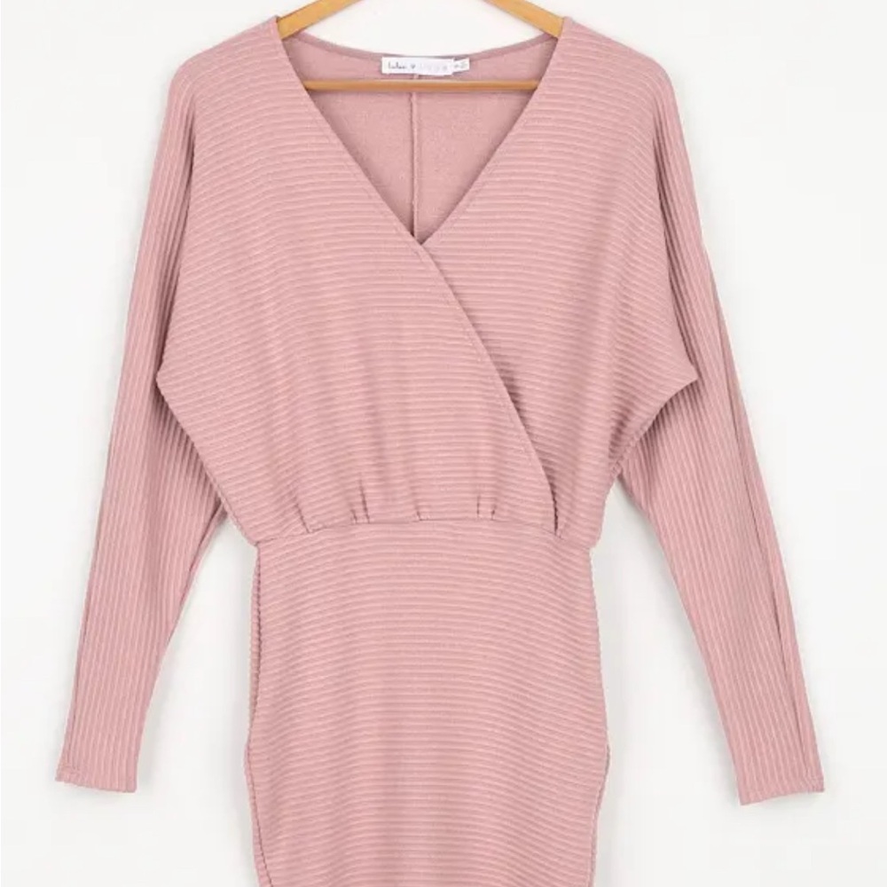 It's Destiny Mauve Pink Ribbed Long Sleeve Bodycon Mini Dress Large Lulus